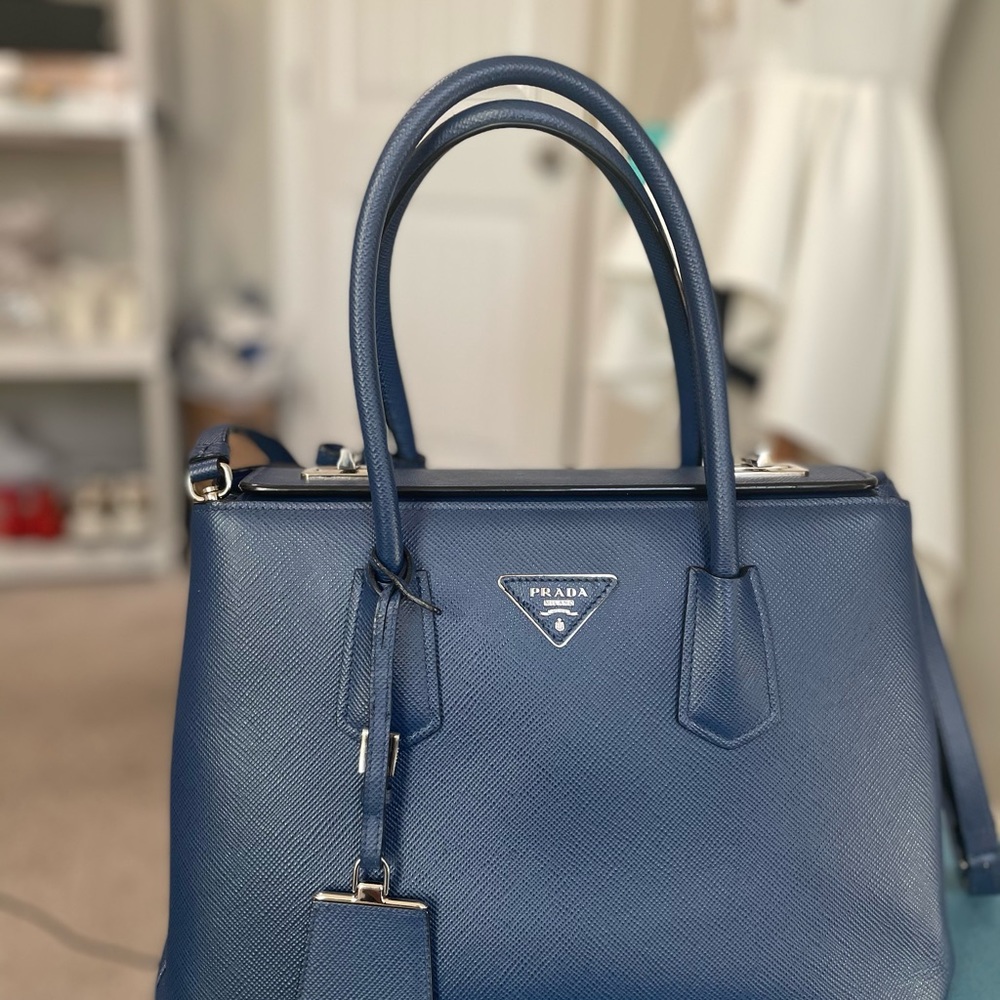 Prada Blue Saffiano Leather Double Twist Lock Cuir Twin Top Handle/Satchel